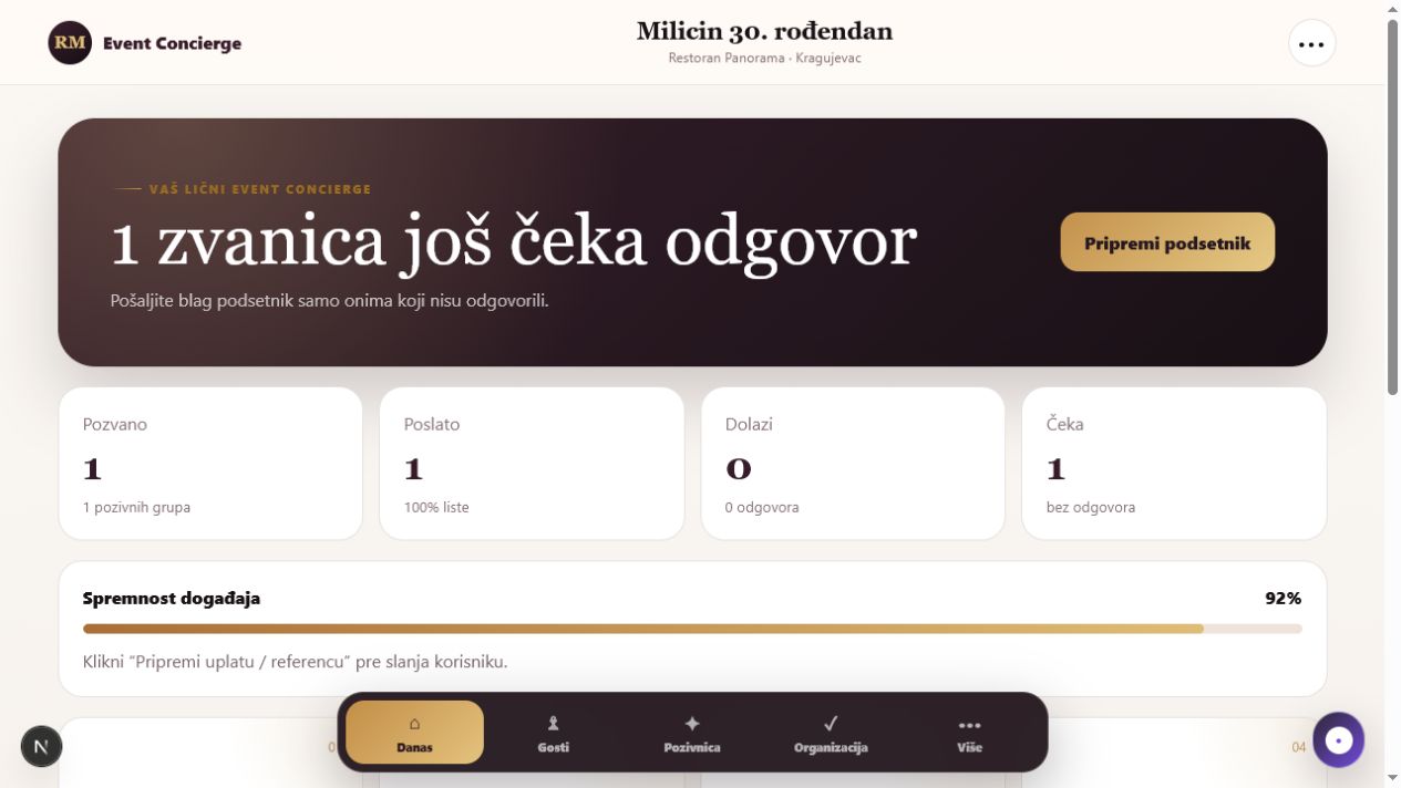 Glavni ekran događaja u RM Pozivnicama